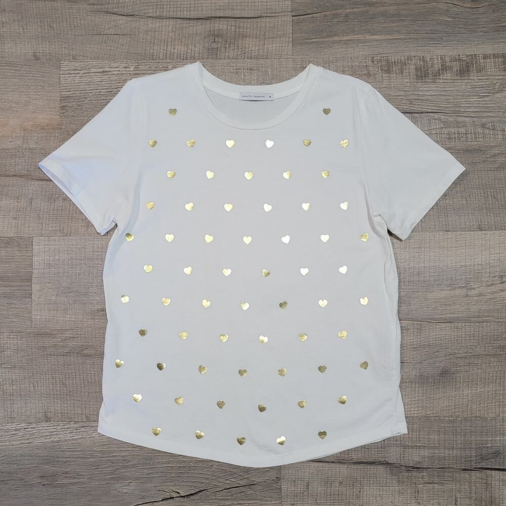 South Parade‎ Short Sleeve Crew Neck T Shirt Size Medium White Gold Foil Heart